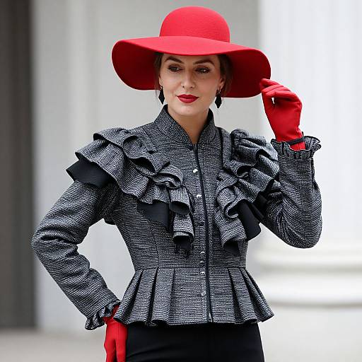 Monochrome Frilled Jacket with Red Accessories
