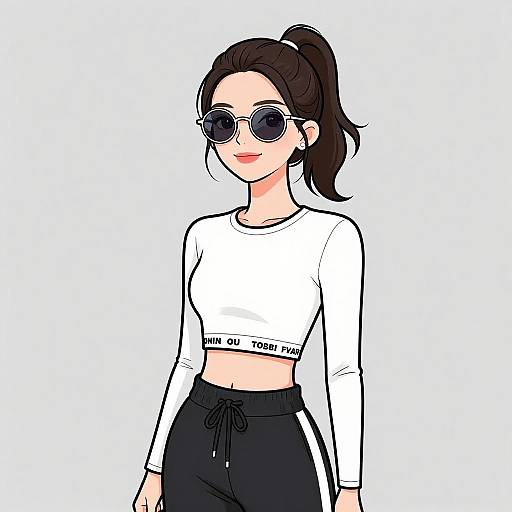 Digital drawing of a fair-skinned woman with black hair in a ponytail, wearing round sunglasses, white crop top, and black track pants, standing