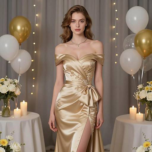 Elegant Woman in Gold Satin Dress at Formal Event
