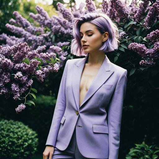 Fashion Model with Lilac Hair and Suit in Garden