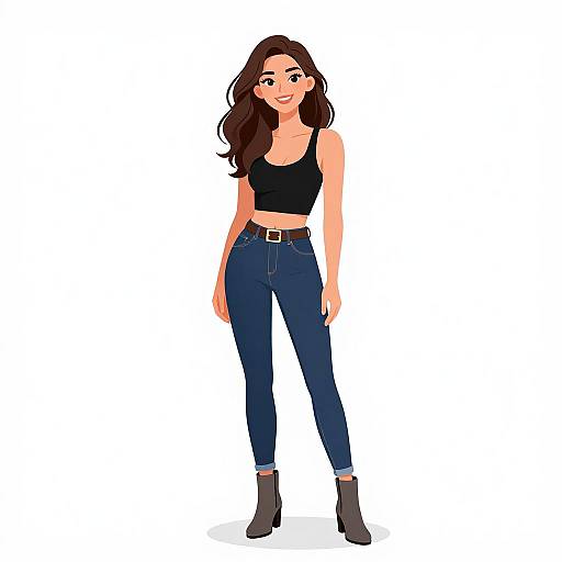 Digital illustration of a smiling woman with long brown hair, wearing a black crop top, dark blue jeans, brown belt, and black ankle boots, standing