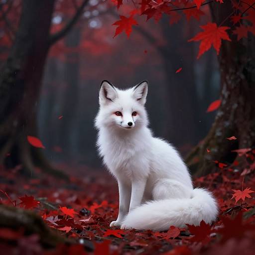Photograph of a white fox with red eyes sitting on red autumn leaves in a dark, red-leafed forest. The fox's fur contrasts sharply