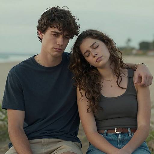 Photograph of a young couple on a beach, man in black shirt and jeans, woman in black tank top and jeans, she leans on him with