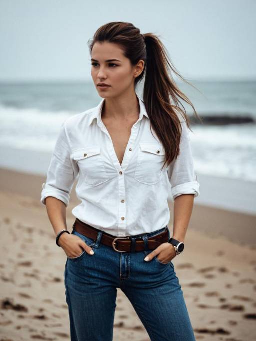 Woman in Casual Outfit on Beach