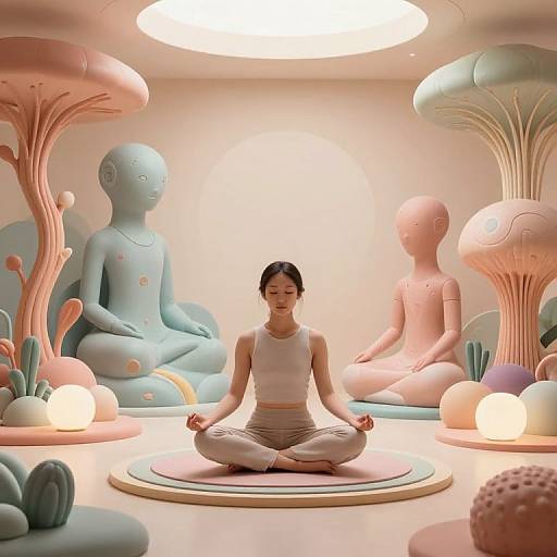 Photograph of an Asian woman in white tank top and pants meditating in lotus position, surrounded by pastel-colored, abstract, statue-like figures