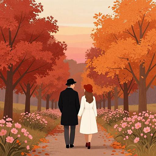 Digital illustration of a couple walking down a flower-lined path with vibrant red-orange autumn trees, wearing black and white coats, hats, and red hats,