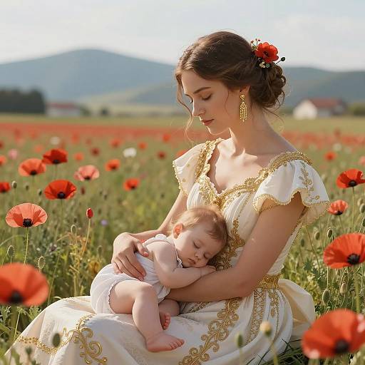 Mother and Baby in Poppy Field