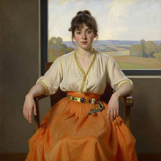 Photorealistic painting of a fair-skinned woman with brown hair in an updo, wearing a white blouse and orange skirt with a gold belt,
