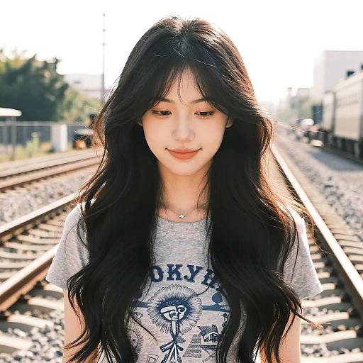 Photograph of a young Asian woman with long black hair, wearing a grey graphic t-shirt, standing on a sunlit railway track.