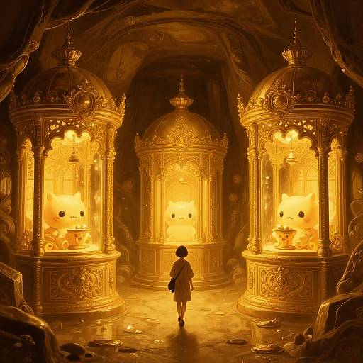 Digital artwork of a dimly lit cave with three ornate, golden, dome-shaped lanterns illuminating a lone, silhouetted figure in