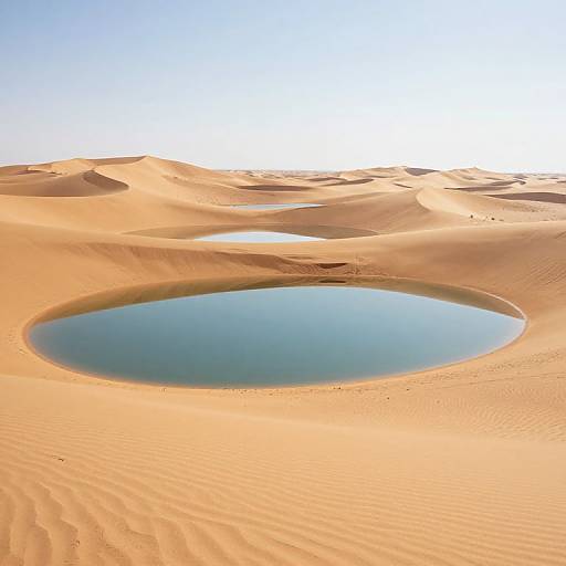 Photograph of a serene desert landscape with a circular, reflective waterhole centered in rippled, golden sand dunes under a clear blue sky.