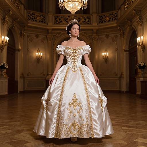 Photograph of a fair-skinned woman in an opulent, golden-embroidered white ball gown, standing in a grand, ornately decorated