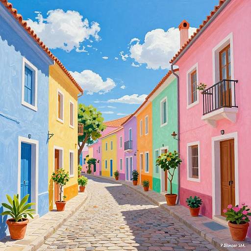 Colorful cobblestone street with pastel-blue, yellow, green, and pink houses, potted plants, and a bright blue sky with white