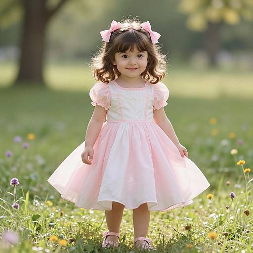 Photograph of a cute young girl with dark brown hair and bangs, wearing a pink bow headband, white and pink dress, standing in a