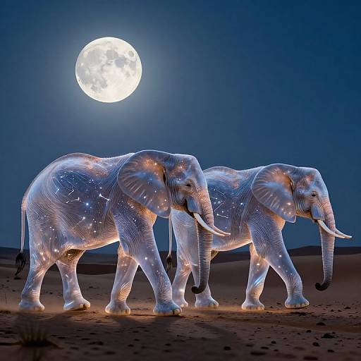 Photograph of two glowing, illuminated elephants standing in a desert at night under a full moon, with sparkling lights embedded in their translucent, white, illuminated