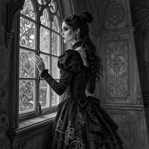 Gothic-style digital illustration of a dark-haired woman in ornate Victorian dress, gazing out a detailed, arched window in a dimly