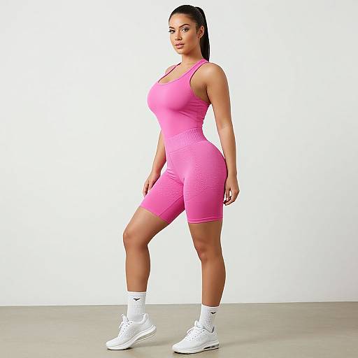Photograph of a fit, dark-skinned woman with long black hair, wearing a tight, bright pink athletic dress and white sneakers, standing against a
