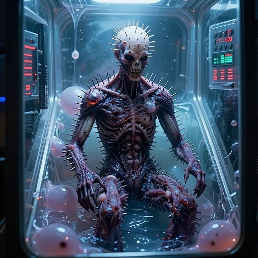 Cybernetic, skeletal alien with spiked crown and limbs, seated in a futuristic, glowing blue cryogenic chamber, surrounded by floating eggs. Digital