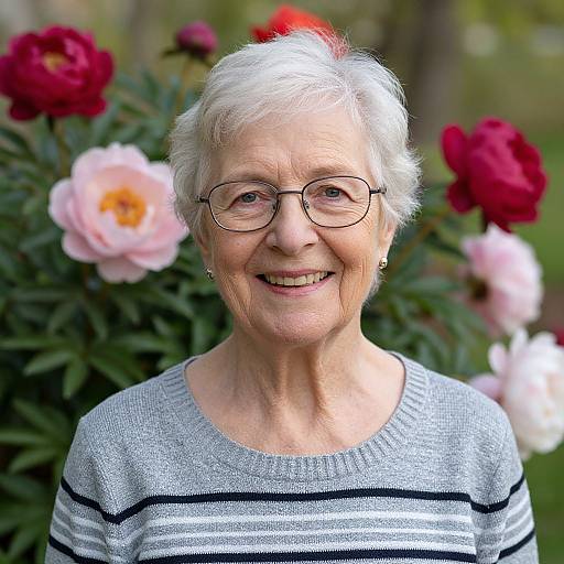 Photograph of an elderly woman with short white hair, glasses, smiling, wearing a gray striped sweater, surrounded by blooming roses.
