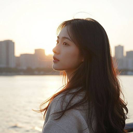 Photograph of an Asian woman with long black hair and fair skin, wearing a gray coat, silhouetted against a sunset over a city skyline