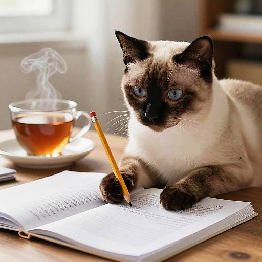 Siamese Cat Doing Homework Cozy Scene