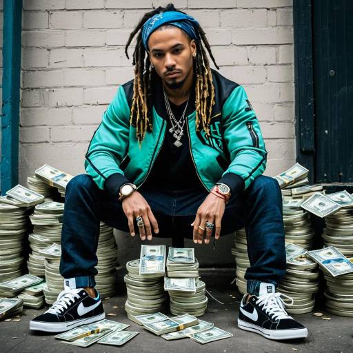 Man Leaning Among Stacks of Cash