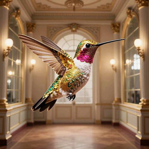 Photograph of a vibrant, iridescent hummingbird in mid-flight, glowing with green, gold, and pink hues, in an elegant, orn