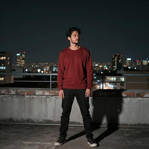 Contemplative Man on Rooftop at Night