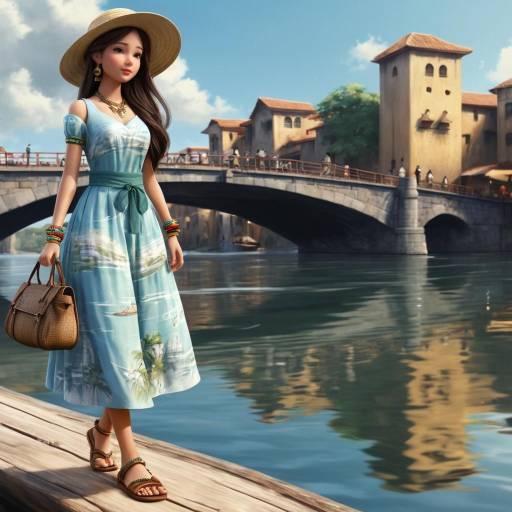 Young Woman in Blue Dress by Canal Bridge