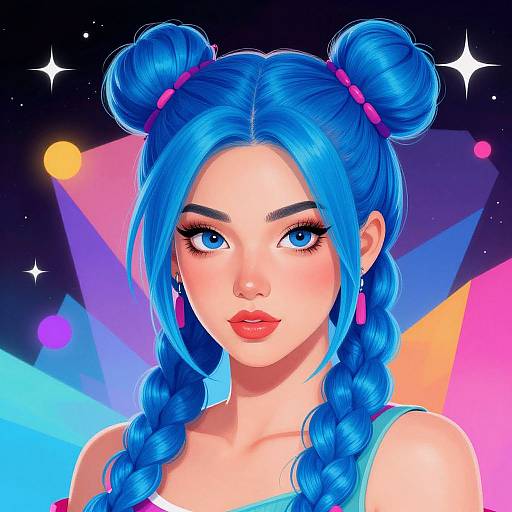 Digital art of a striking young woman with vibrant blue hair in twin buns, blue eyes, pink earrings, and neon geometric background.