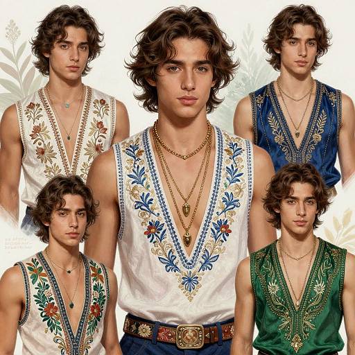 Photograph of five young men with curly brown hair, wearing sleeveless, embroidered shirts in white, blue, and green, each with multiple necklaces