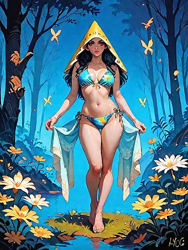 Woman in Tropical Bikini in Dark Fantasy Forest