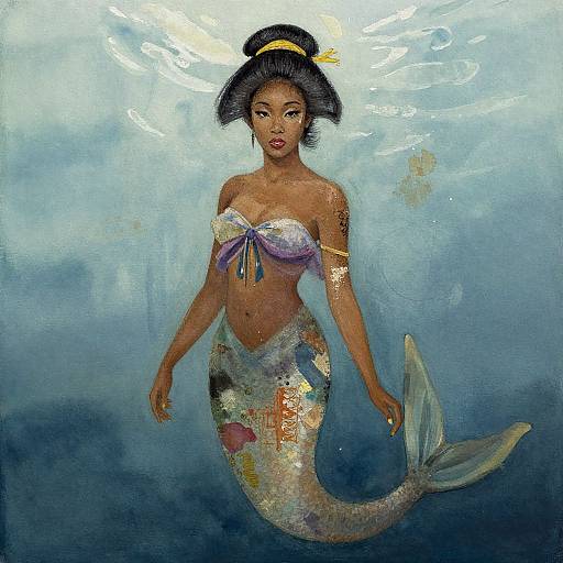 Digital painting of a beautiful, dark-skinned mermaid with black hair in an updo, purple-ribboned top, and colorful fish-scale tail