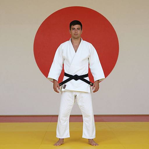 Photograph of a young man with short black hair, wearing a white karate gi with a black belt, standing barefoot on yellow mats against a