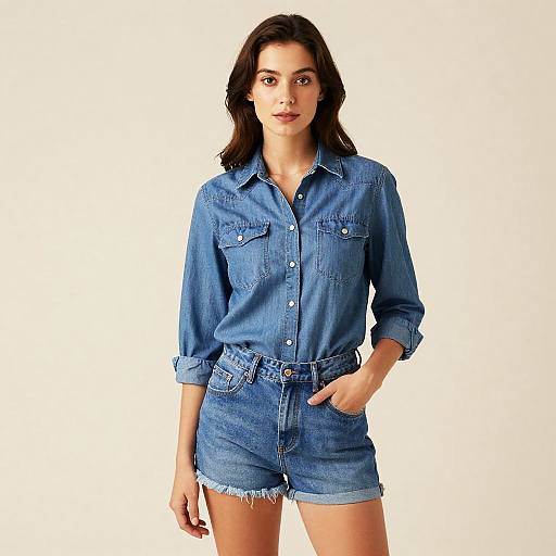 Photograph of a young woman with medium brown skin and dark brown hair, wearing a blue denim shirt and matching high-waisted shorts, standing against
