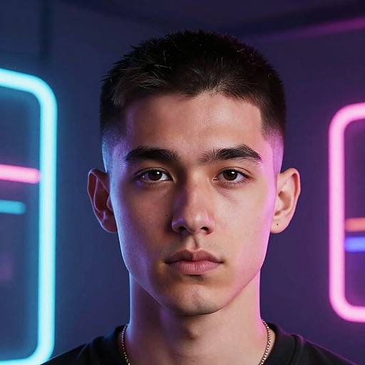 Photograph of a young man with short black hair, light skin, brown eyes, and a neutral expression, wearing a black shirt, gold chain,