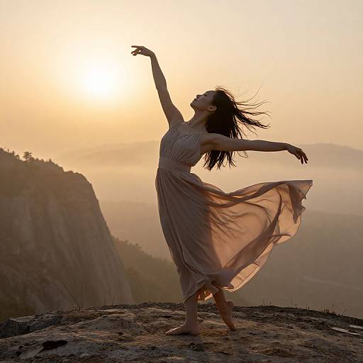 Photograph of a barefoot woman in a flowing, sheer, beige dress, dancing on a rocky cliff at sunset, arms raised, silhouet