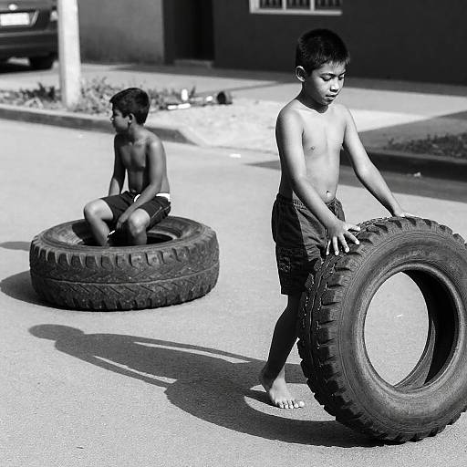 Boys Playing with Large Tires on Urban Street