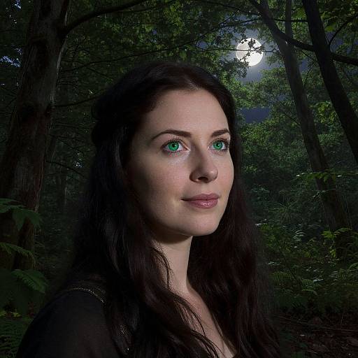 Photograph of a fair-skinned woman with striking green eyes, long dark brown hair, subtle smile, in a moonlit forest with dense green foliage