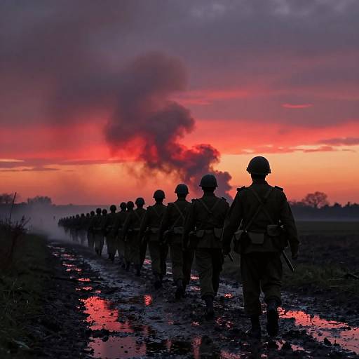 Photograph: Silhouetted soldiers in helmets and uniforms march through muddy terrain at sunset, with a large plume of smoke rising against a dramatic