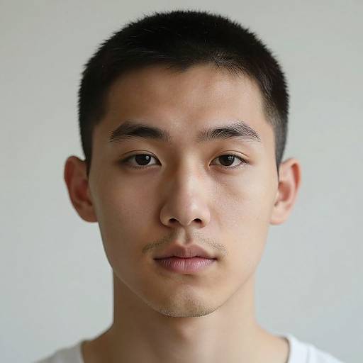 Photograph of a young Asian man with short black hair, fair skin, and neutral expression, wearing a white shirt, against a plain light gray background