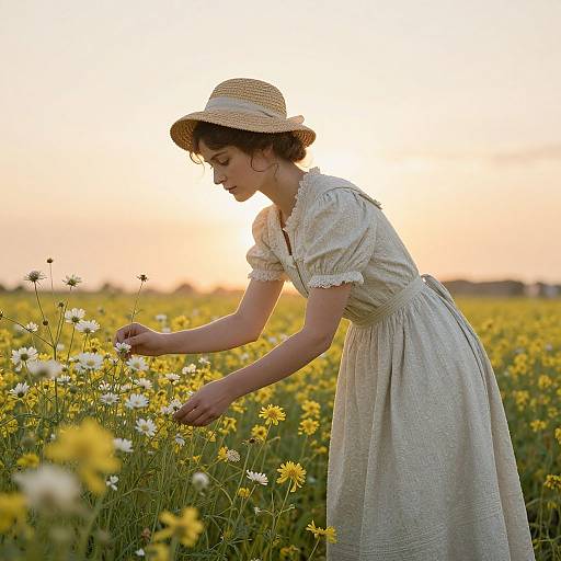 Photograph of a young woman in a white, lace-trimmed dress and straw hat, gently picking daisies in a sunlit field at
