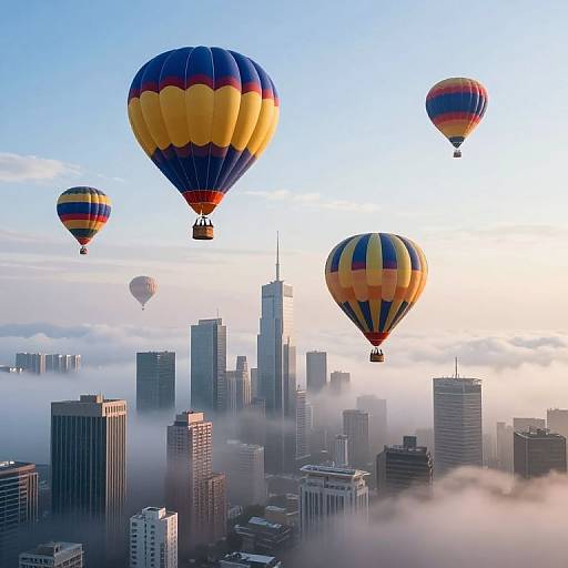Photograph of colorful hot air balloons floating above a misty, sunlit cityscape with tall skyscrapers, including a prominent central tower.