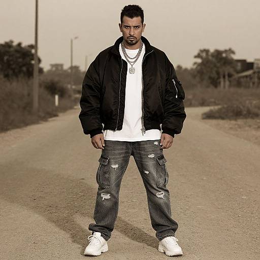 Photograph of a serious, dark-haired man with a beard, wearing a black jacket, white shirt, distressed jeans, and white sneakers, standing on