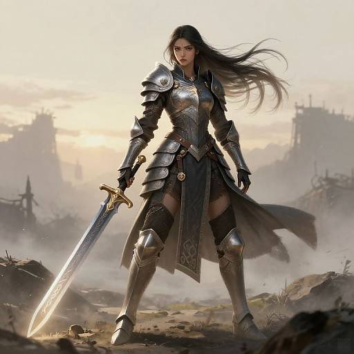 Digital artwork of a fierce, dark-haired female warrior in silver armor, holding a glowing sword, standing in a misty, ruined battlefield.