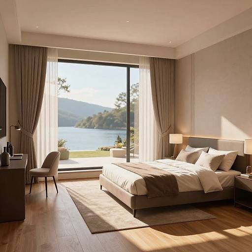 Luxurious Sunlit Bedroom with Lake View