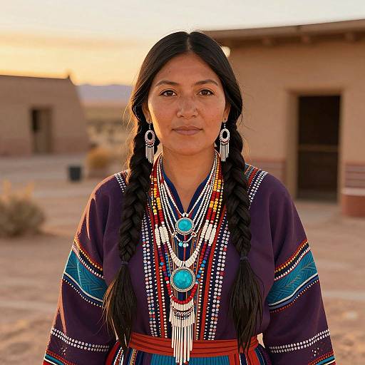 Photograph of a Native American woman with long black braids, wearing a dark purple traditional dress adorned with colorful beadwork and turquoise jewelry, standing in