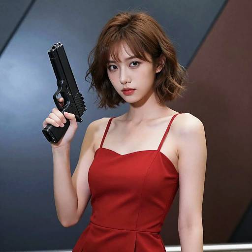 Futuristic Woman in Red Dress with Gun