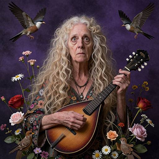 Photograph of an elderly woman with long, curly white hair, playing an acoustic guitar surrounded by flowers, birds, and a dark purple background.