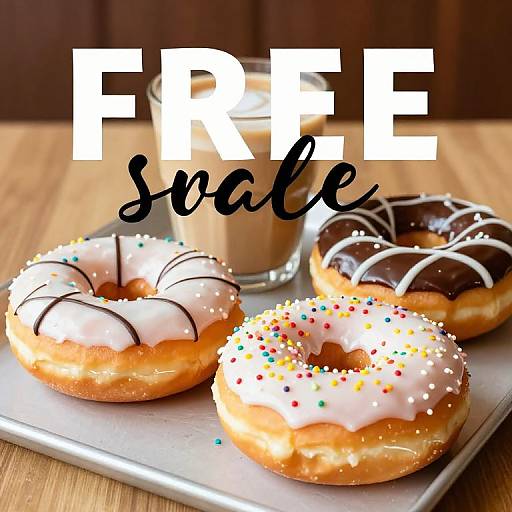 Photograph of three glazed donuts, two with white icing and colorful sprinkles, one with chocolate icing and white drizzle, on a plate with